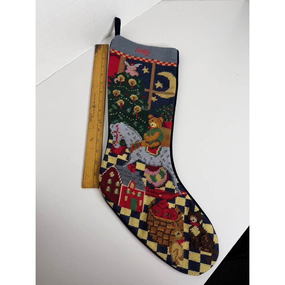 Vintage Lands End BETTY Needlepoint Christmas Stocking Navy Blue Back